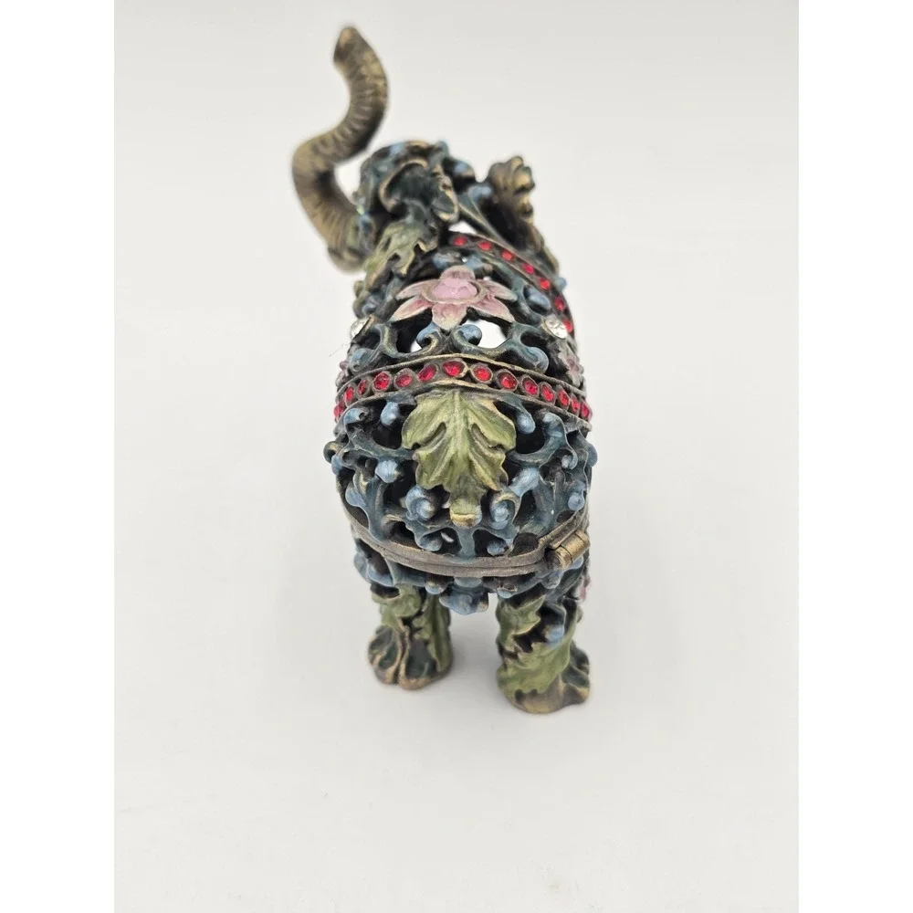 Elephant Ornate Hinged Trinket Box Figurine With Jewelry Charm Jeweled Enamel